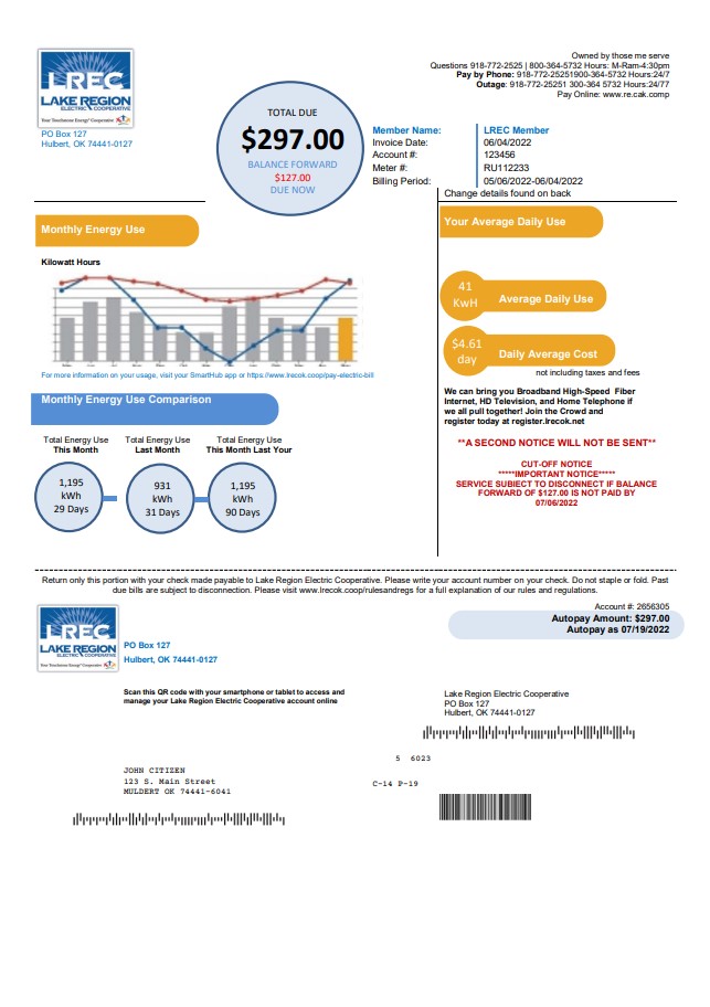 USA Oklahoma LREC Lake Region utility bill template in Word and PDF format